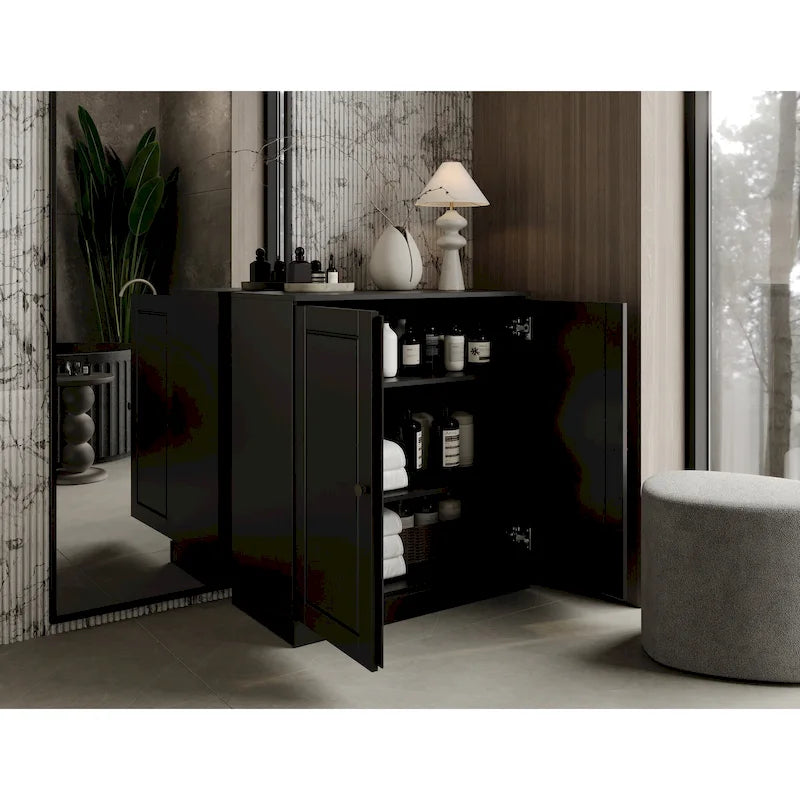 Meuble bas de salle de bain 81 cm en bois massif avec portes pleines et étagères réglables