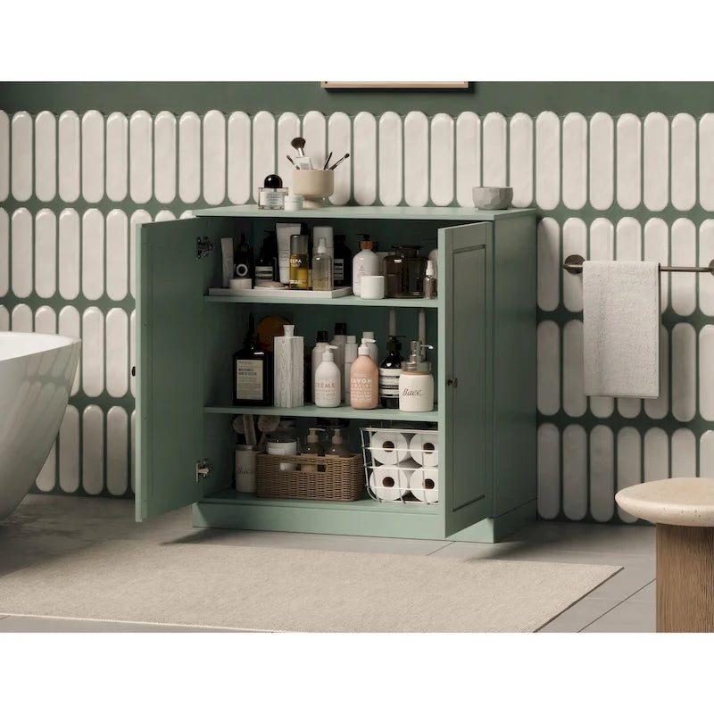 Meuble bas de salle de bain 81 cm en bois massif avec portes pleines et étagères réglables