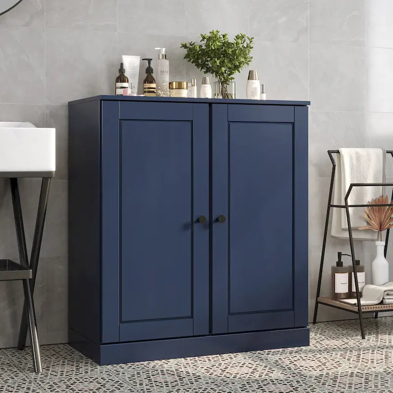 Meuble bas de salle de bain 81 cm en bois massif avec portes pleines et étagères réglables