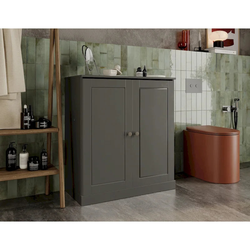 Meuble bas de salle de bain 81 cm en bois massif avec portes pleines et étagères réglables