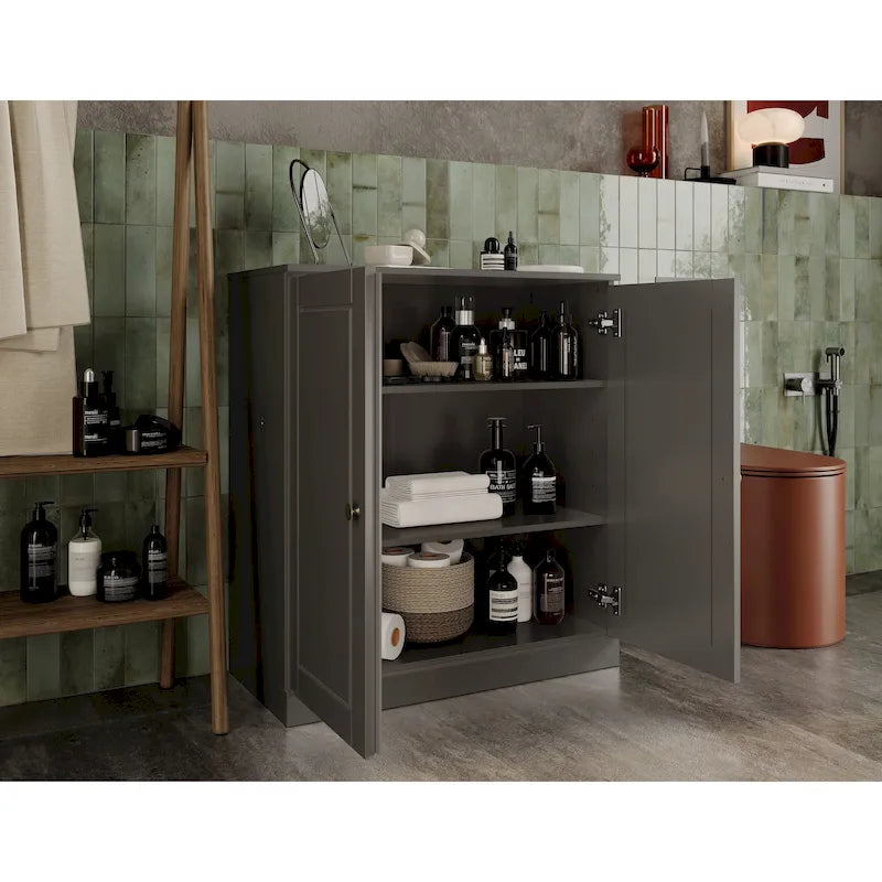 Meuble bas de salle de bain 81 cm en bois massif avec portes pleines et étagères réglables