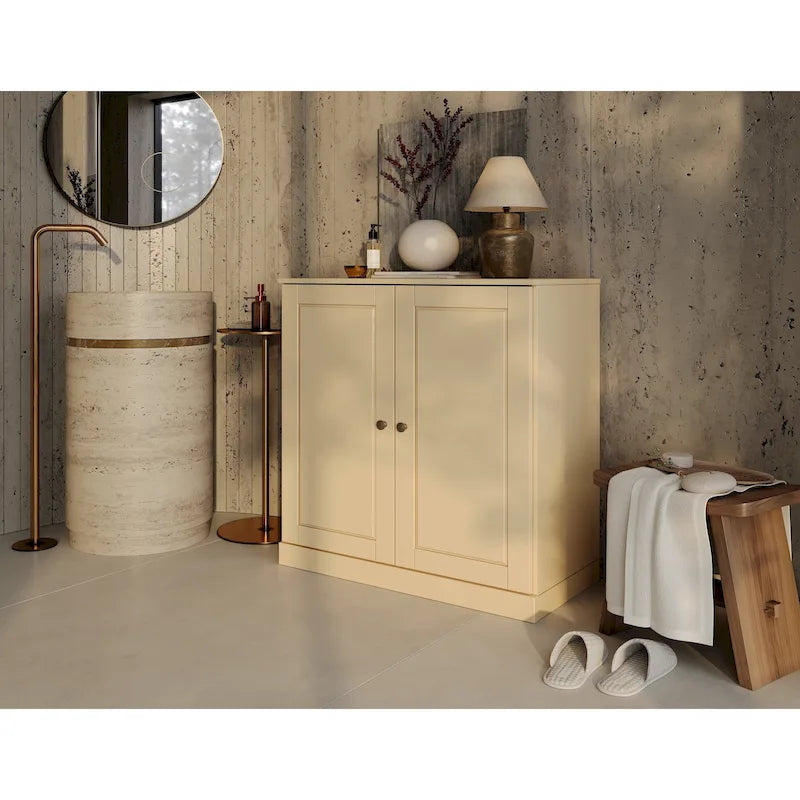 Meuble bas de salle de bain 81 cm en bois massif avec portes pleines et étagères réglables