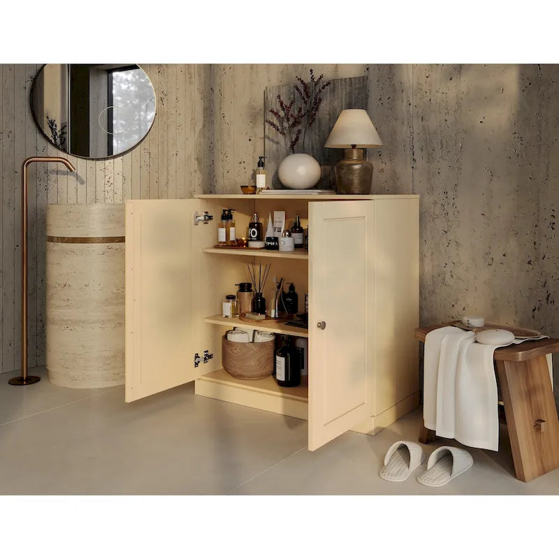 Meuble bas de salle de bain 81 cm en bois massif avec portes pleines et étagères réglables