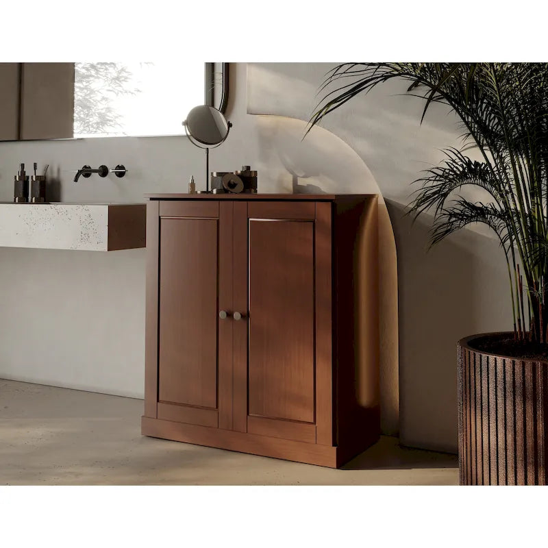 Meuble bas de salle de bain 81 cm en bois massif avec portes pleines et étagères réglables