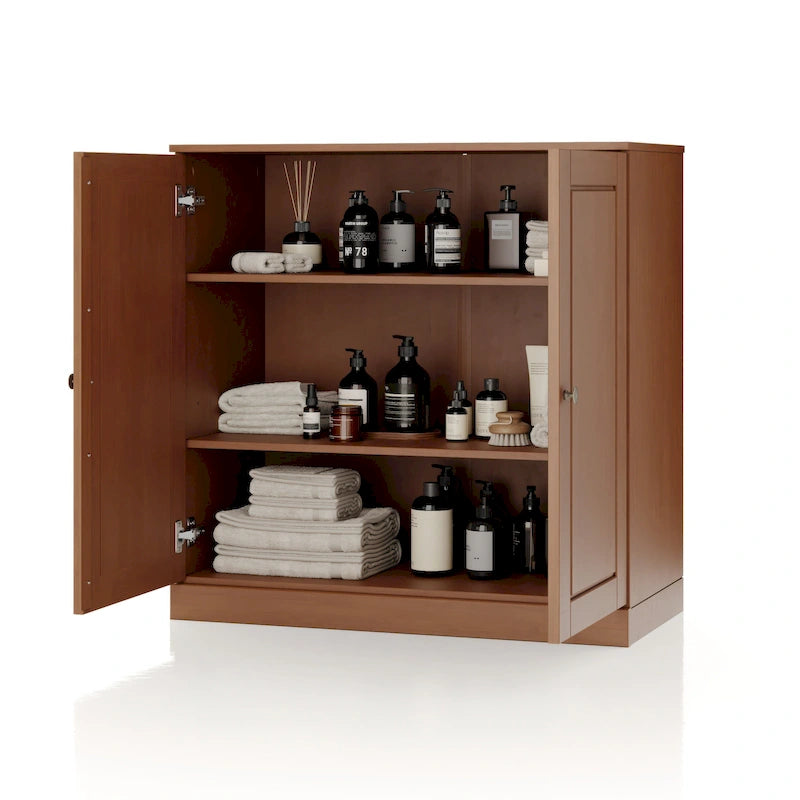 Meuble bas de salle de bain 81 cm en bois massif avec portes pleines et étagères réglables