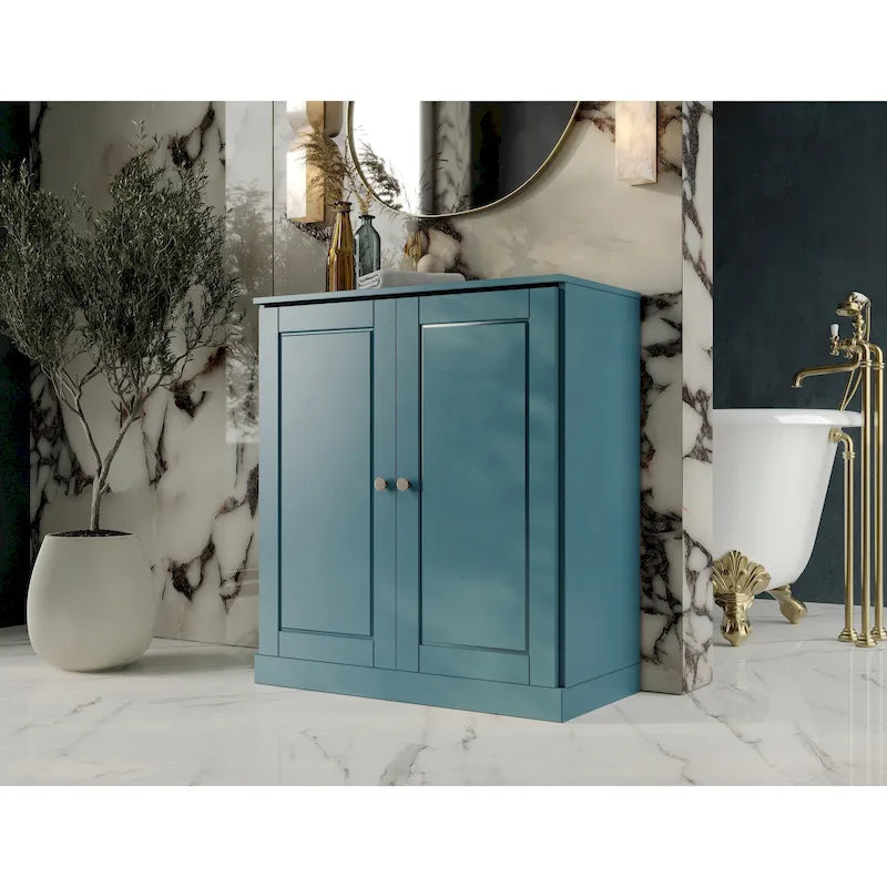 Meuble bas de salle de bain 81 cm en bois massif avec portes pleines et étagères réglables