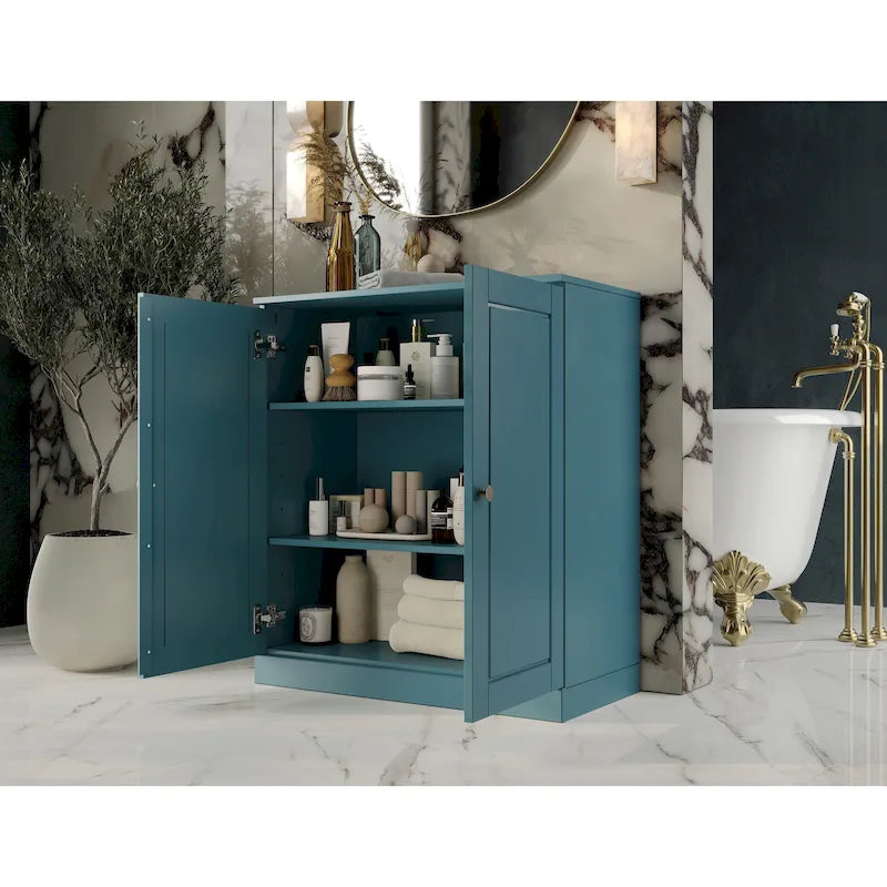 Meuble bas de salle de bain 81 cm en bois massif avec portes pleines et étagères réglables