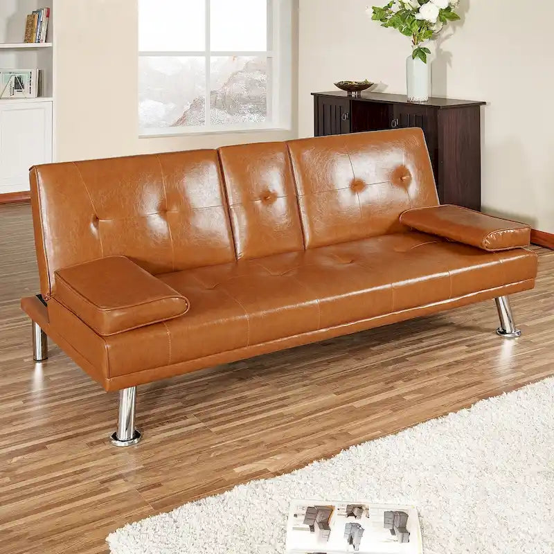 Canapé-lit futon en similicuir avec accoudoirs et porte-gobelets, canapé inclinable pliant convertible