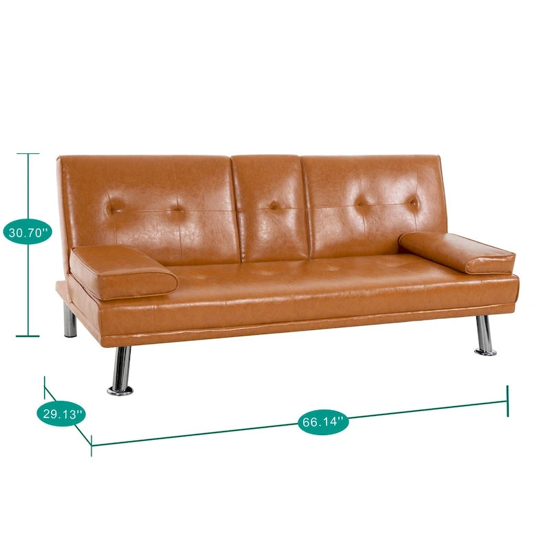 Canapé-lit futon en similicuir avec accoudoirs et porte-gobelets, canapé inclinable pliant convertible