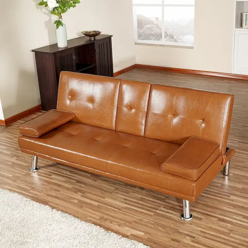 Canapé-lit futon en similicuir avec accoudoirs et porte-gobelets, canapé inclinable pliant convertible