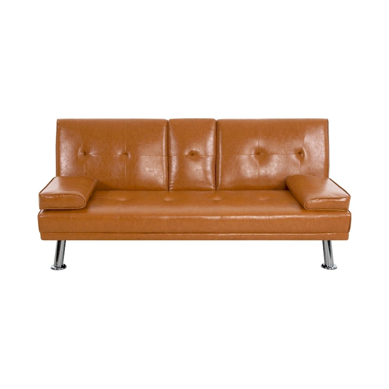 Canapé-lit futon en similicuir avec accoudoirs et porte-gobelets, canapé inclinable pliant convertible