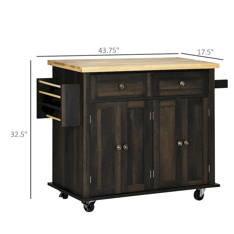 Îlot de cuisine roulant en chêne marron avec plateau en hévéa, casier à épices et porte-serviettes
