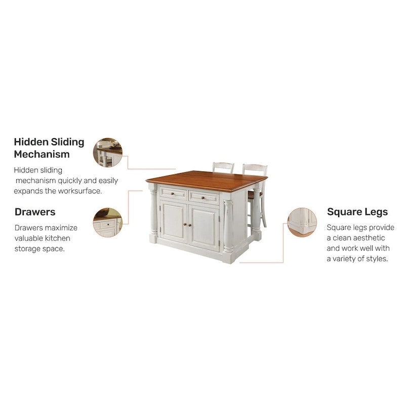 Îlot de cuisine en bois blanc cassé avec plateau à abattant – 48x25x36 po