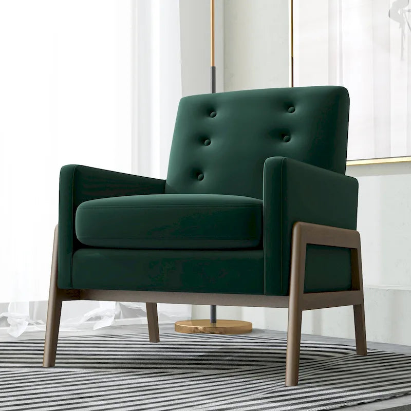 Fauteuil de salon mi-siècle en velours vert forêt avec pieds en noyer brun - 84 cm