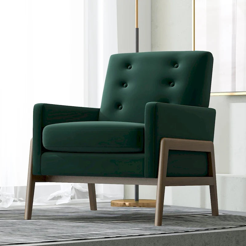 Fauteuil de salon mi-siècle en velours vert forêt avec pieds en noyer brun - 84 cm