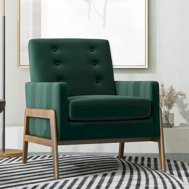 Fauteuil de salon mi-siècle en velours vert forêt avec pieds en noyer brun - 84 cm