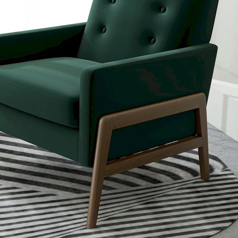 Fauteuil de salon mi-siècle en velours vert forêt avec pieds en noyer brun - 84 cm