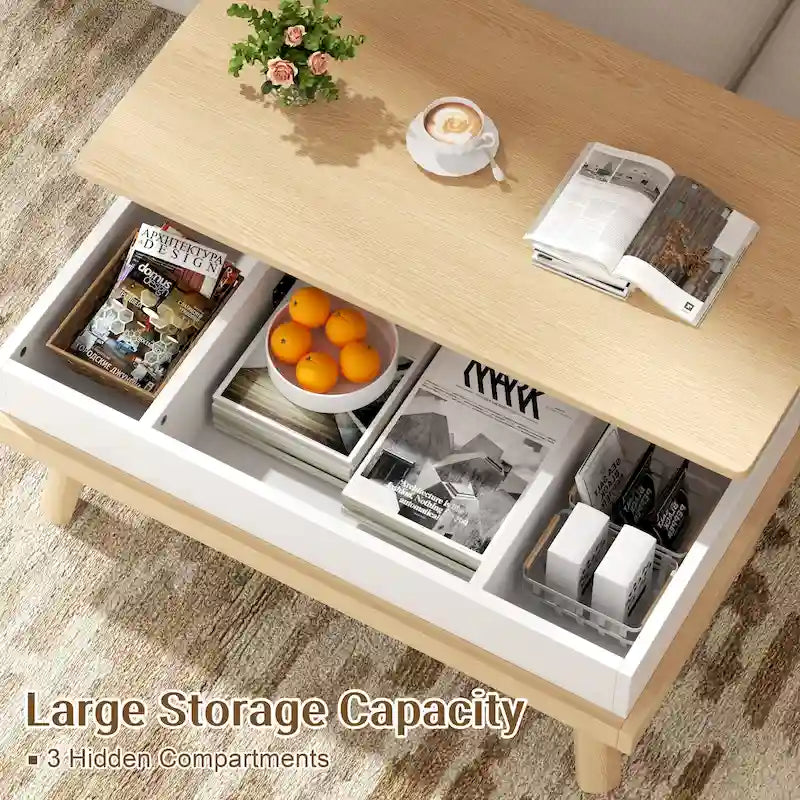 Table basse en bois avec compartiment de rangement caché