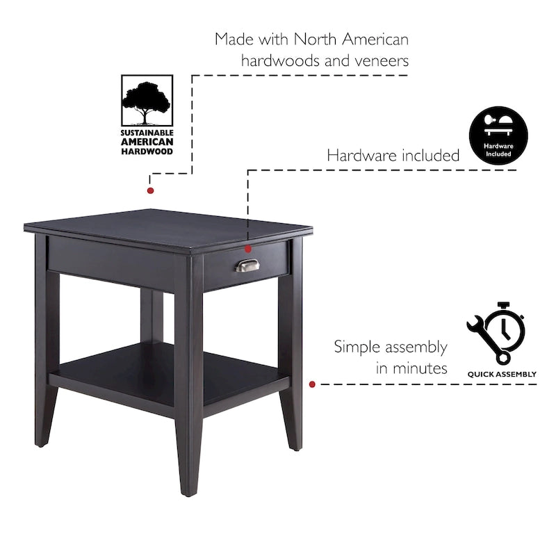 Table d'appoint en bois massif de 20 po avec étagère et tiroir