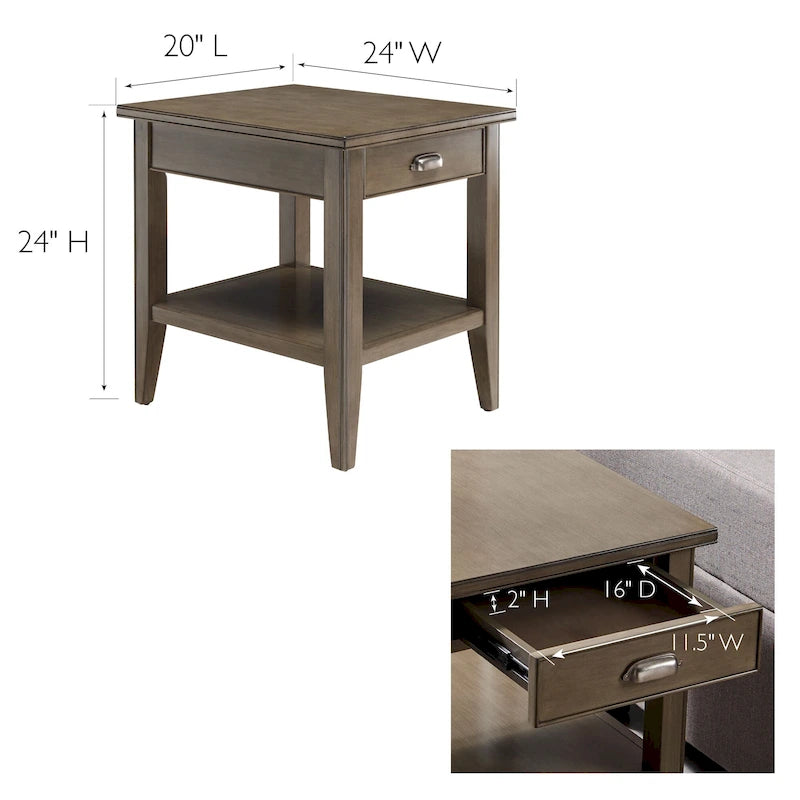Table d'appoint en bois massif de 20 po avec étagère et tiroir