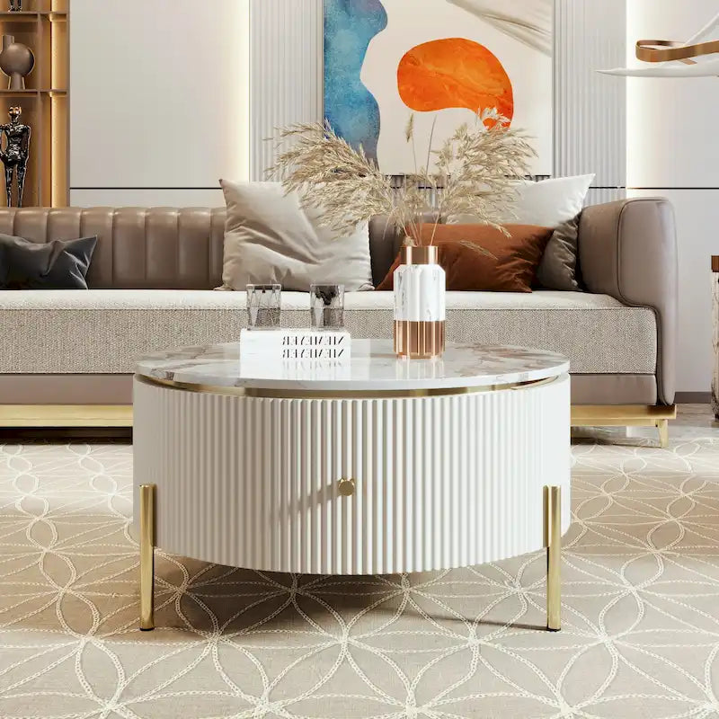 Table basse ronde moderne avec 2 grands tiroirs
