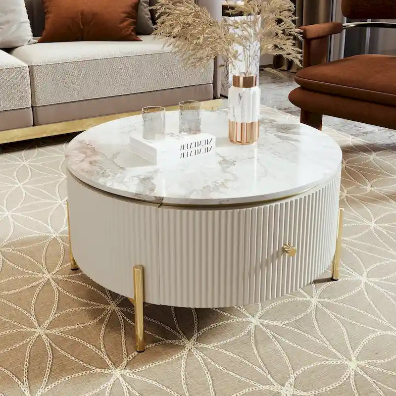 Table basse ronde moderne avec 2 grands tiroirs