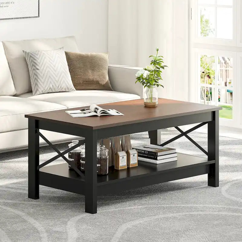 Table basse d'appoint en bois style rustique avec grande étagère de rangement