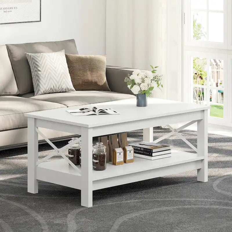 Table basse d'appoint en bois style rustique avec grande étagère de rangement