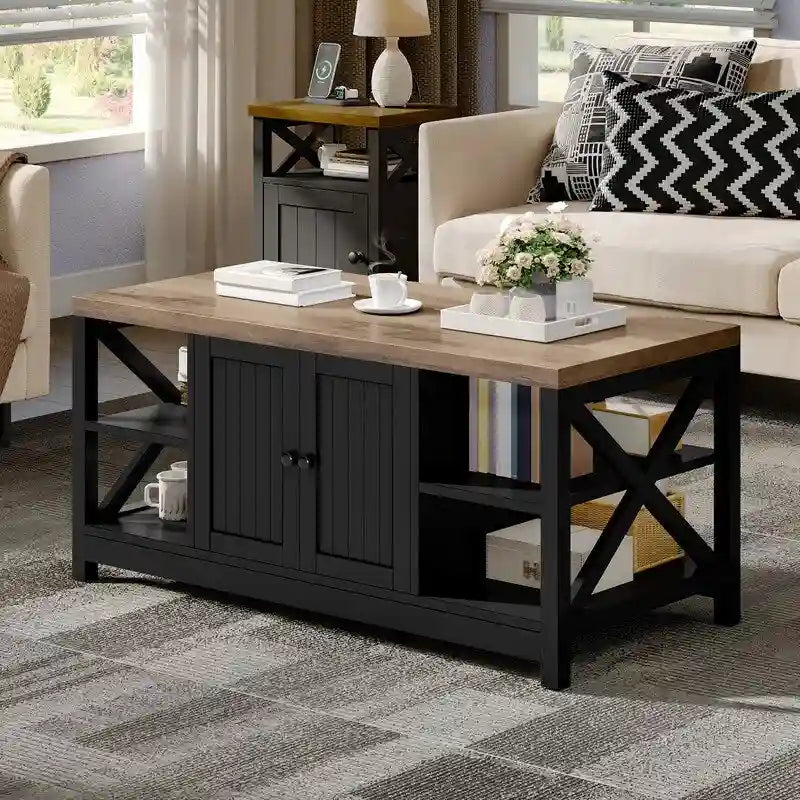 Table basse d'appoint en bois style rustique avec grande étagère de rangement