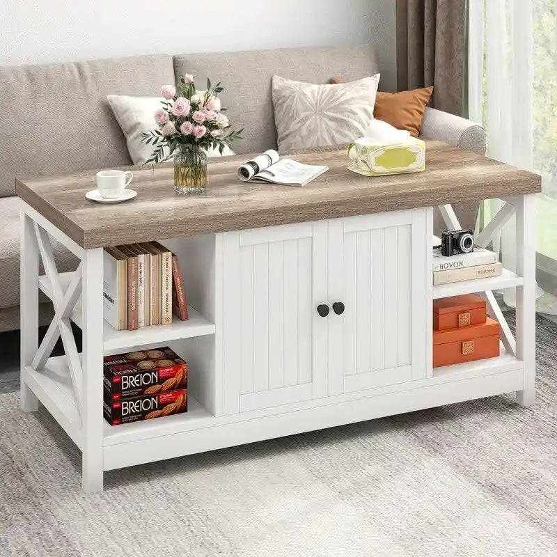 Table basse d'appoint en bois style rustique avec grande étagère de rangement