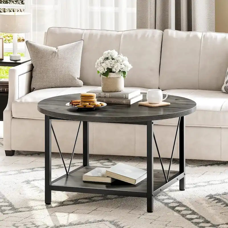 Table basse ronde à 2 niveaux de style industriel avec étagère