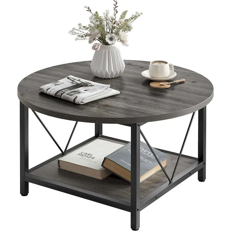 Table basse ronde à 2 niveaux de style industriel avec étagère