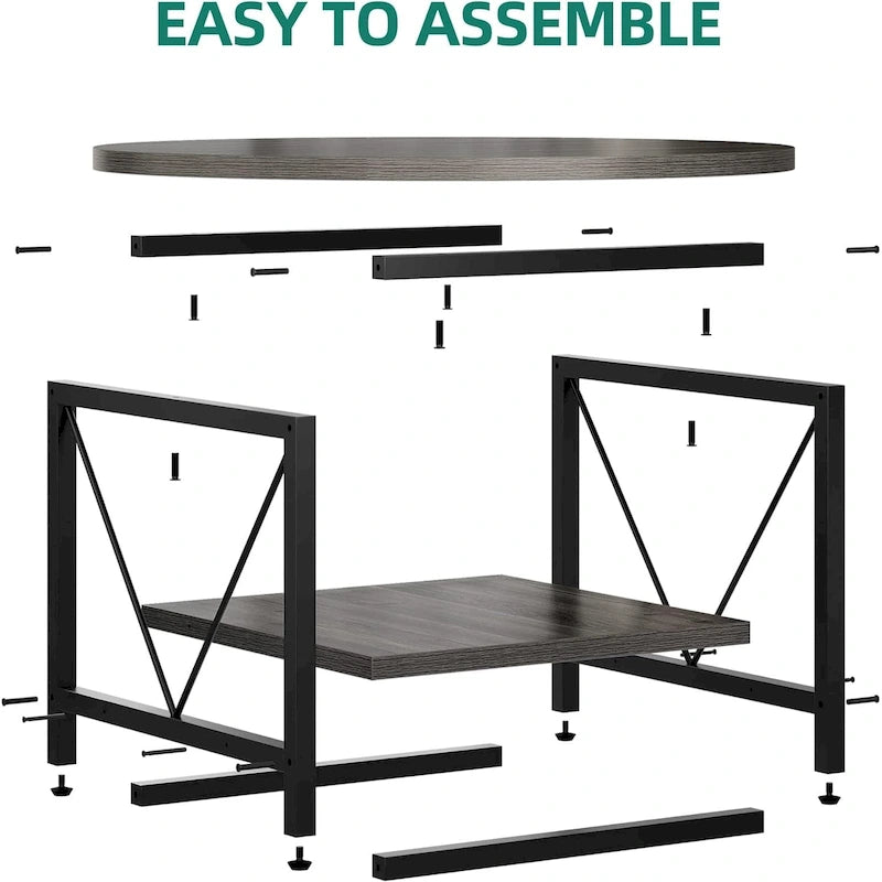 Table basse ronde à 2 niveaux de style industriel avec étagère