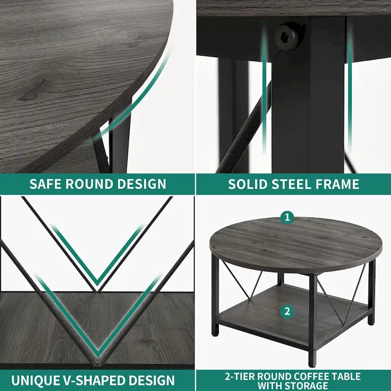 Industrial 2-Tier Round Coffee Table with Shelf