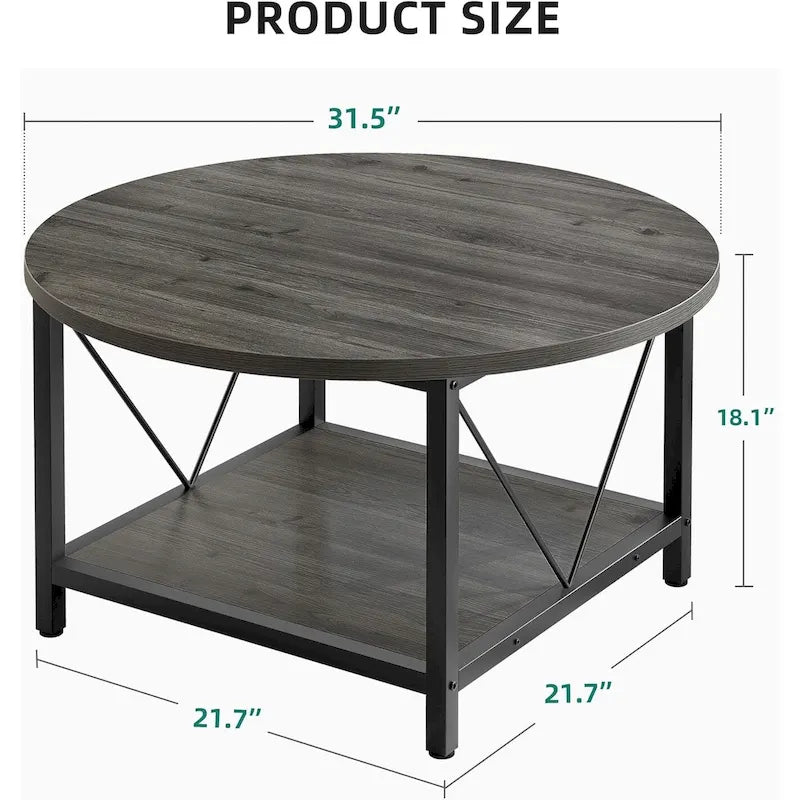 Table basse ronde à 2 niveaux de style industriel avec étagère
