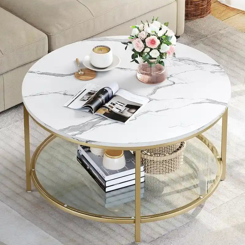 Table basse ronde à 2 niveaux de style industriel avec étagère