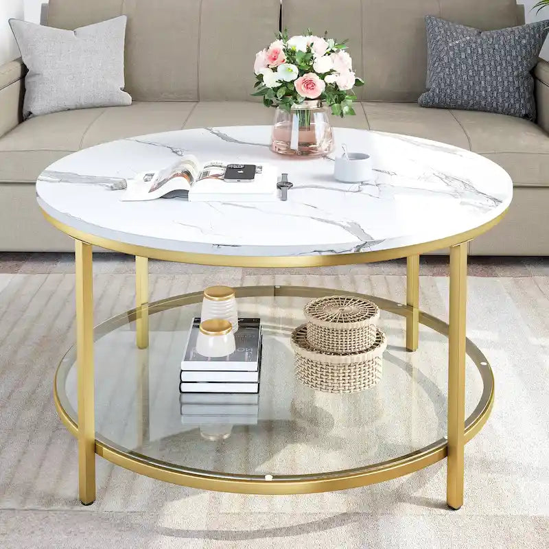 Table basse ronde à 2 niveaux de style industriel avec étagère