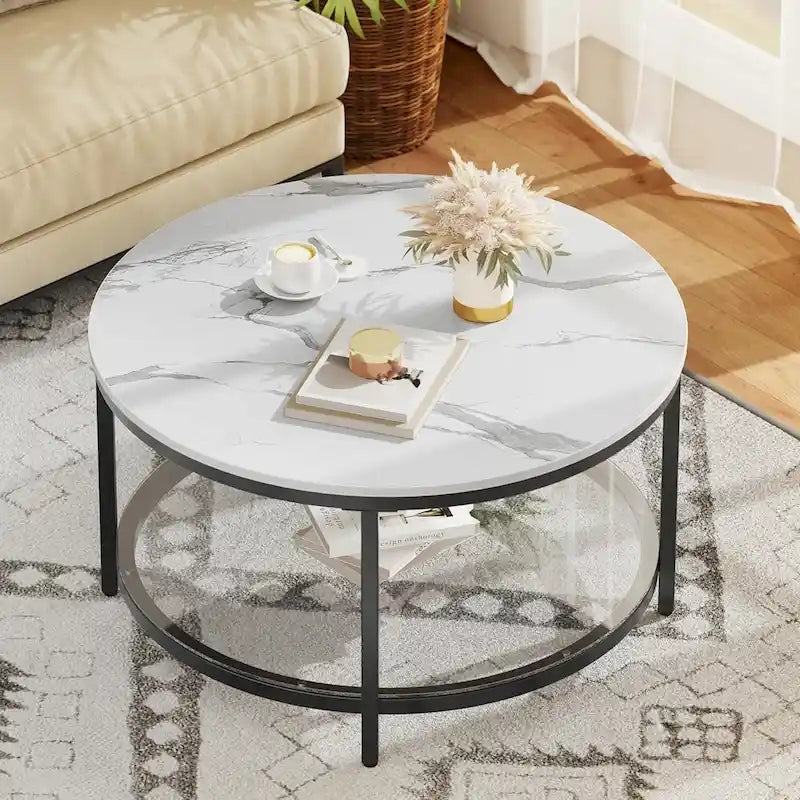 Table basse ronde à 2 niveaux de style industriel avec étagère