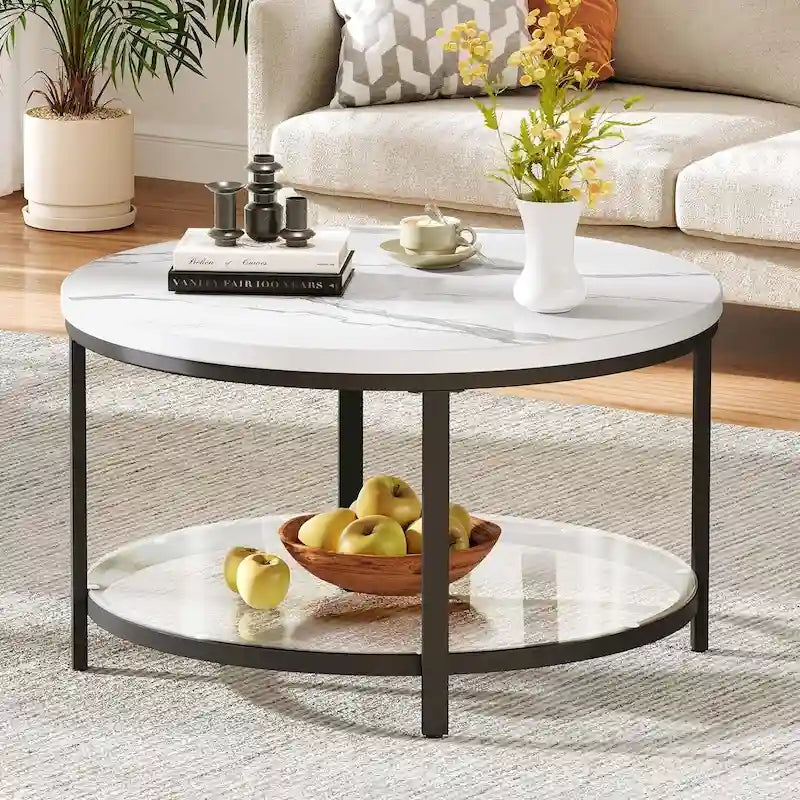 Table basse ronde à 2 niveaux de style industriel avec étagère