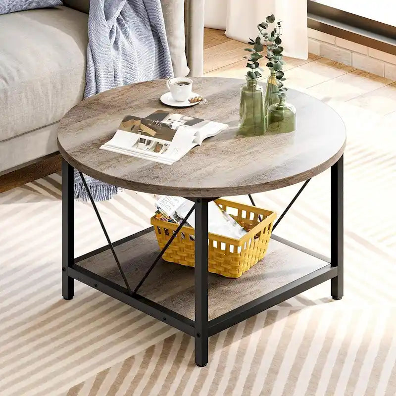 Table basse ronde à 2 niveaux de style industriel avec étagère
