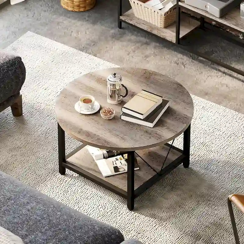 Table basse ronde à 2 niveaux de style industriel avec étagère