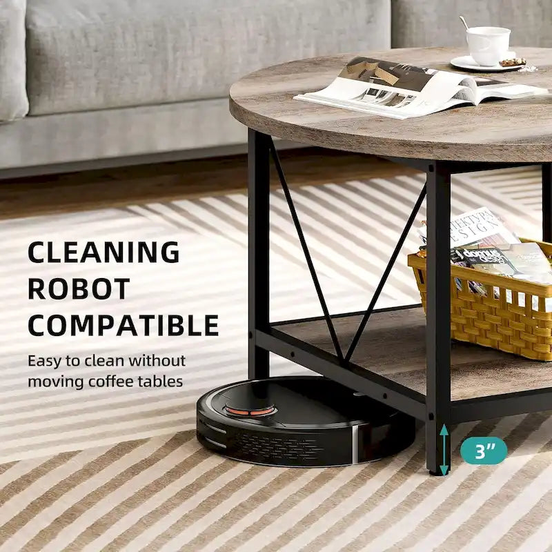 Table basse ronde à 2 niveaux de style industriel avec étagère