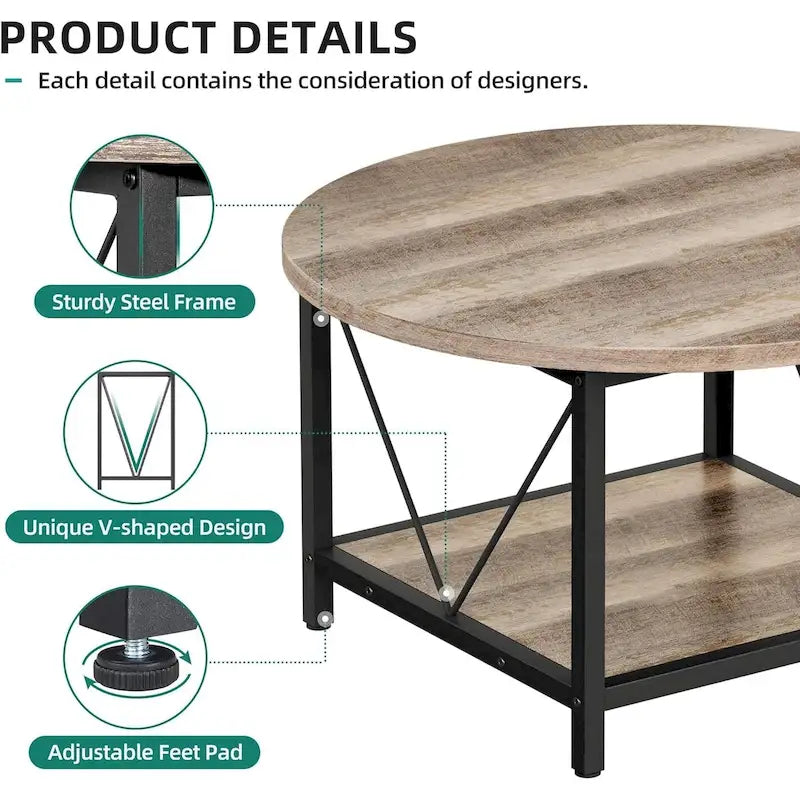 Table basse ronde à 2 niveaux de style industriel avec étagère