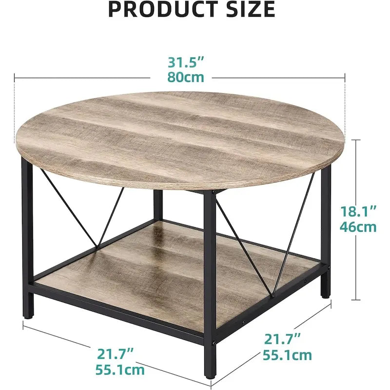 Table basse ronde à 2 niveaux de style industriel avec étagère