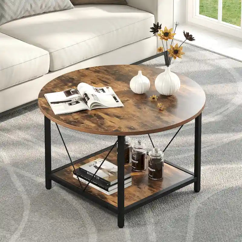 Table basse ronde à 2 niveaux de style industriel avec étagère