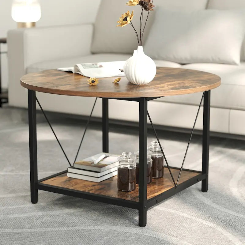 Table basse ronde à 2 niveaux de style industriel avec étagère