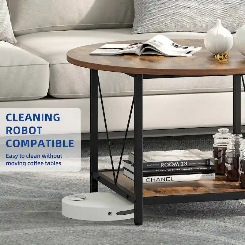 Table basse ronde à 2 niveaux de style industriel avec étagère