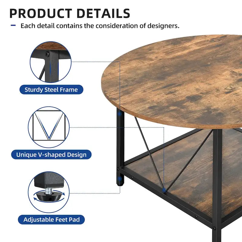 Table basse ronde à 2 niveaux de style industriel avec étagère