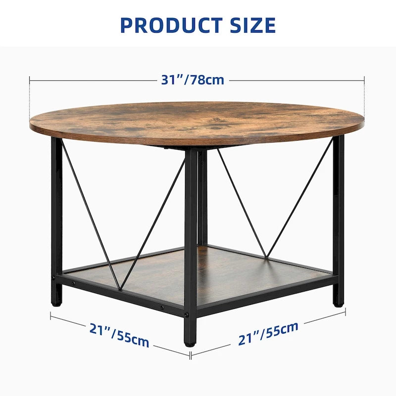 Table basse ronde à 2 niveaux de style industriel avec étagère