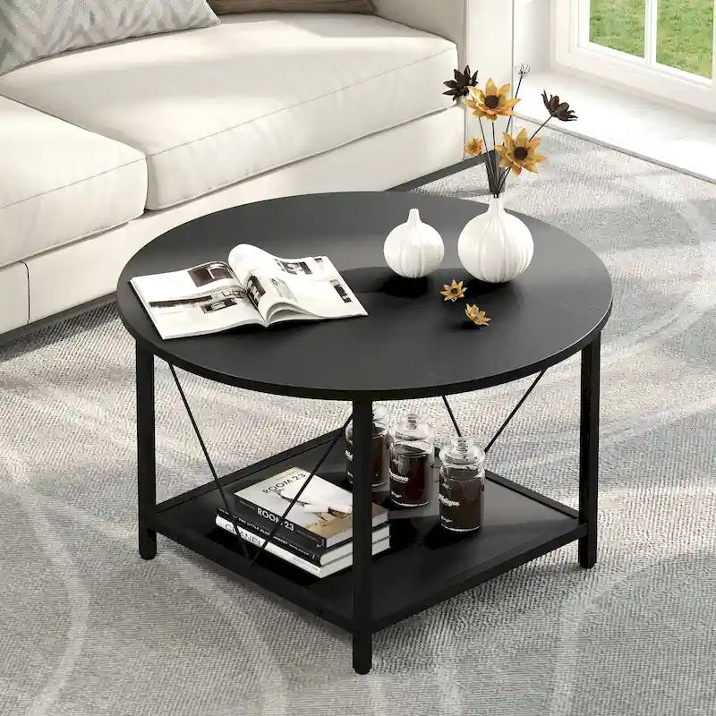 Table basse ronde à 2 niveaux de style industriel avec étagère